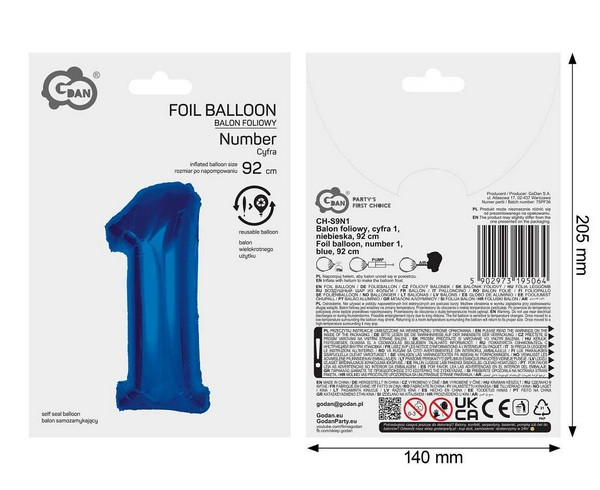 Balon foliowy Smart cyfra 1 niebieska 92cm GoDan